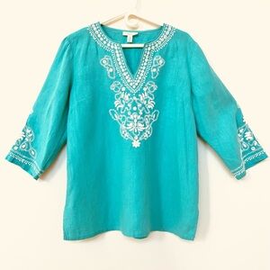 Charter Club Luxury Linen Embellished Tunic ~ 3/4 Sleeve Aqua & White ~ …